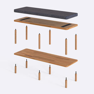 Waljan Bench 120 x 38 parçalarına ayrılmış montaj görünümü, kül keten döşemeli oturum, masif kayın ayaklar ve vidalar