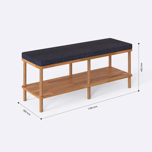 Waljan Bench 120 x 38 ölçülendirilmiş teknik görünümü, lacivert keten döşeme, milimetre cinsinden ölçü okları
