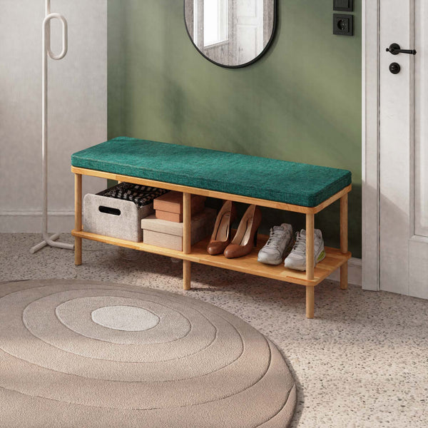 Waljan Bench 120 x 38, petrol keten döşemeli oturum ve masif kayın gövde, döşenmiş oda ortamında kullanım görünümü