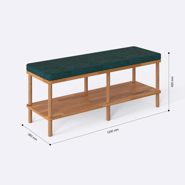 Waljan Bench 120 x 38 ölçülendirilmiş teknik görünümü, petrol keten döşeme, milimetre cinsinden ölçü okları