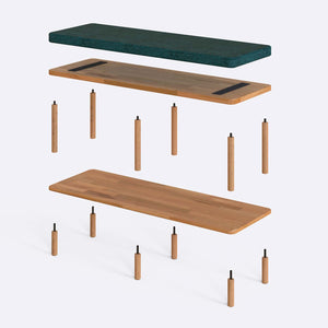 Waljan Bench 120 x 38 parçalarına ayrılmış montaj görünümü, petrol keten döşemeli oturum, masif kayın ayaklar ve vidalar