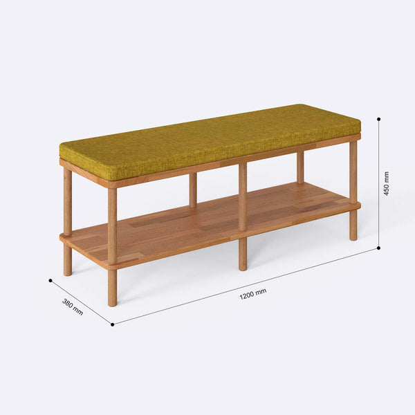 Waljan Bench 120 x 38 ölçülendirilmiş teknik görünümü, sarı keten döşeme, milimetre cinsinden genişlik, derinlik ve yükseklik