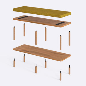 Waljan Bench 120 x 38 parçalarına ayrılmış montaj görünümü, sarı keten döşemeli oturum, masif kayın ayaklar ve vidalar
