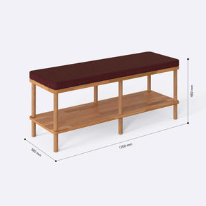 Waljan Bench 120 x 38 ölçülendirilmiş teknik görünümü, bordo keten döşeme, milimetre cinsinden ölçü okları
