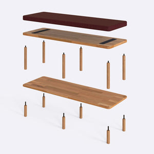 Waljan Bench 120 x 38 parçalarına ayrılmış montaj görünümü, bordo keten döşemeli oturum, masif kayın ayaklar ve vidalar