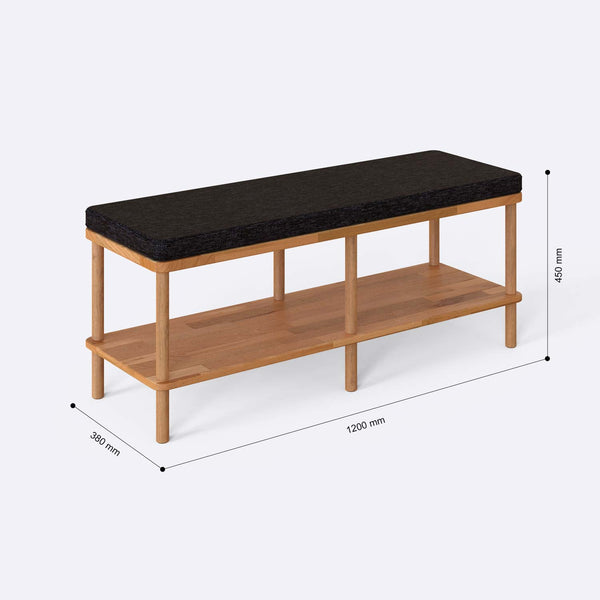 Waljan Bench 120 x 38 ölçülendirilmiş teknik görünümü, siyah keten döşeme, milimetre cinsinden ölçü okları