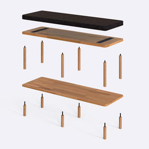 Waljan Bench 120 x 38 parçalarına ayrılmış montaj görünümü, siyah keten döşemeli oturum, masif kayın ayaklar ve vidalar