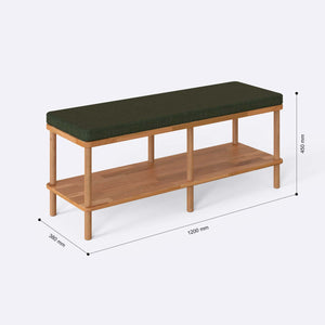Waljan Bench 120 x 38 ölçülendirilmiş teknik görünümü, yeşil keten döşeme, milimetre cinsinden ölçü okları