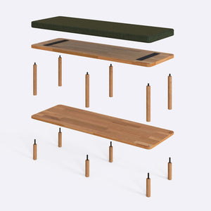 Waljan Bench 120 x 38 parçalarına ayrılmış montaj görünümü, yeşil keten döşemeli oturum, masif kayın ayaklar ve vidalar