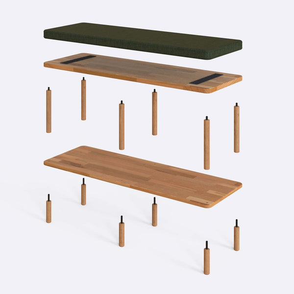 Waljan Bench 120 x 38 parçalarına ayrılmış montaj görünümü, yeşil keten döşemeli oturum, masif kayın ayaklar ve vidalar