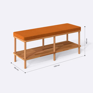 Waljan Bench 120 x 38 ölçülendirilmiş teknik görünümü, badem kadife döşeme, milimetre cinsinden ölçü okları