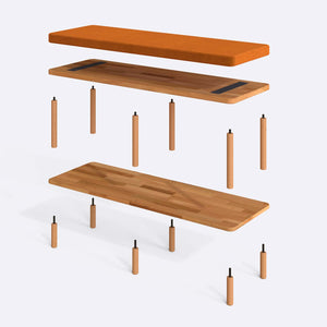 Waljan Bench 120 x 38 parçalarına ayrılmış montaj görünümü, badem kadife döşemeli oturum, masif kayın ayaklar ve vidalar