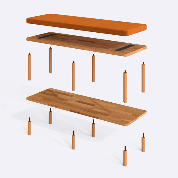 Waljan Bench 120 x 38 parçalarına ayrılmış montaj görünümü, badem kadife döşemeli oturum, masif kayın ayaklar ve vidalar