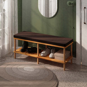 Waljan Bench 120 x 38, kahve kadife döşemeli oturum ve masif kayın gövde, döşenmiş oda ortamında kullanım görünümü