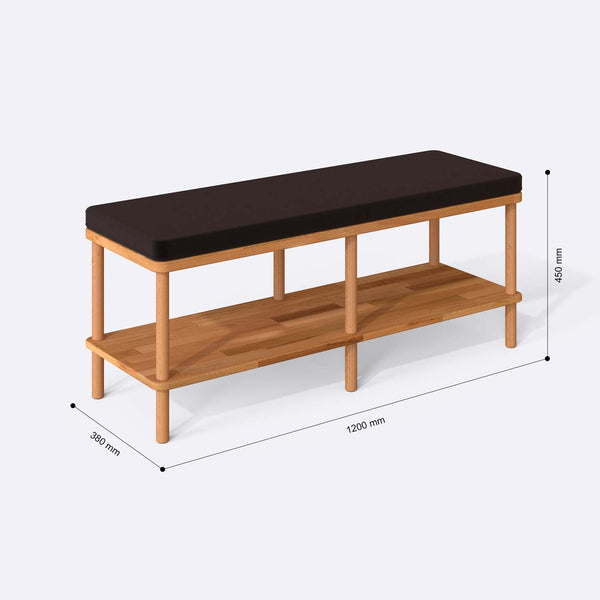 Waljan Bench 120 x 38 ölçülendirilmiş teknik görünümü, kahve kadife döşeme, milimetre cinsinden ölçü okları