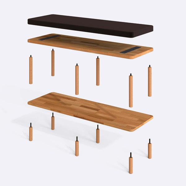 Waljan Bench 120 x 38 parçalarına ayrılmış montaj görünümü, kahve kadife döşemeli oturum, masif kayın ayaklar ve vidalar