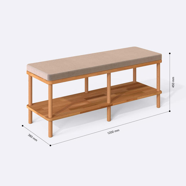 Waljan Bench 120 x 38 ölçülendirilmiş teknik görünümü, kum kadife döşeme, milimetre cinsinden genişlik, derinlik ve yükseklik