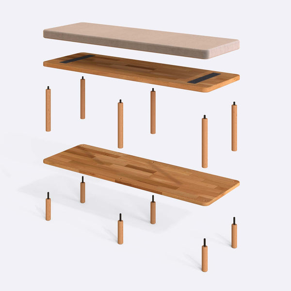 Waljan Bench 120 x 38 parçalarına ayrılmış montaj görünümü, kum kadife döşemeli oturum, masif kayın ayaklar ve vidalar