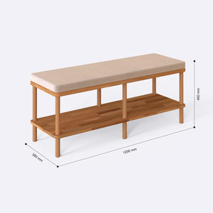 Waljan Bench 120 x 38 ölçülendirilmiş teknik görünümü, ekru kadife döşeme, milimetre cinsinden ölçü okları