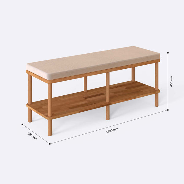 Waljan Bench 120 x 38 ölçülendirilmiş teknik görünümü, ekru kadife döşeme, milimetre cinsinden ölçü okları