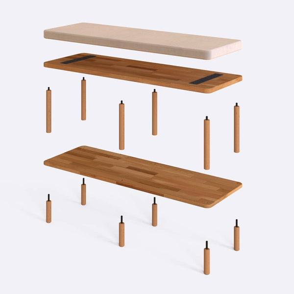 Waljan Bench 120 x 38 parçalarına ayrılmış montaj görünümü, ekru kadife döşemeli oturum, masif kayın ayaklar ve vidalar