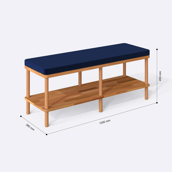 Waljan Bench 120 x 38 ölçülendirilmiş teknik görünümü, lacivert kadife döşeme, milimetre cinsinden ölçü okları