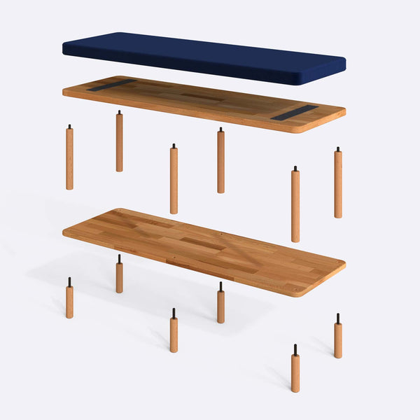 Waljan Bench 120 x 38 parçalarına ayrılmış montaj görünümü, lacivert kadife döşemeli oturum, masif kayın ayaklar ve vidalar