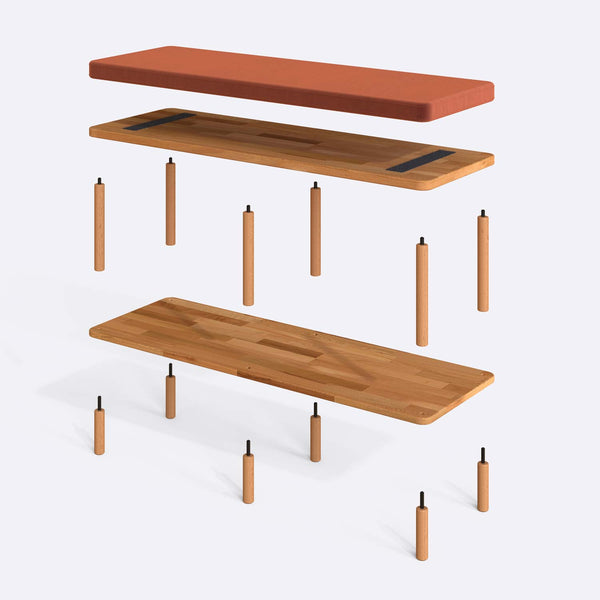 Waljan Bench 120 x 38 parçalarına ayrılmış montaj görünümü, somon kadife döşemeli oturum, masif kayın ayaklar ve vidalar