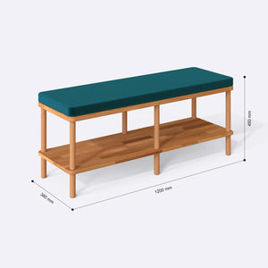 Waljan Bench 120 x 38 ölçülendirilmiş teknik görünümü, petrol kadife döşeme, milimetre cinsinden ölçü okları