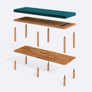Waljan Bench 120 x 38 parçalarına ayrılmış montaj görünümü, petrol kadife döşemeli oturum, masif kayın ayaklar ve vidalar