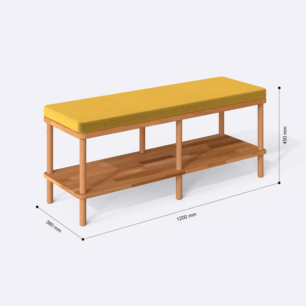 Waljan Bench 120 x 38 ölçülendirilmiş teknik görünümü, sarı kadife döşeme, milimetre cinsinden ölçü okları