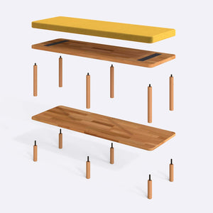 Waljan Bench 120 x 38 parçalarına ayrılmış montaj görünümü, sarı kadife döşemeli oturum, masif kayın ayaklar ve vidalar