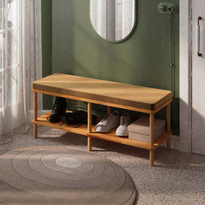 Waljan Bench 120 x 38, vizon kadife döşemeli oturum ve masif kayın gövde, döşenmiş oda ortamında kullanım görünümü