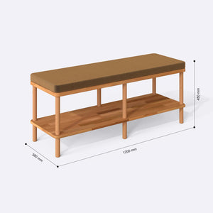 Waljan Bench 120 x 38 ölçülendirilmiş teknik görünümü, vizon kadife döşeme, milimetre cinsinden ölçü okları