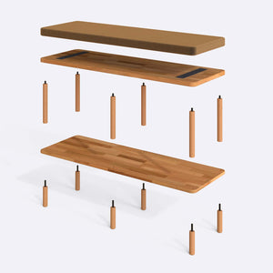 Waljan Bench 120 x 38 parçalarına ayrılmış montaj görünümü, vizon kadife döşemeli oturum, masif kayın ayaklar ve vidalar