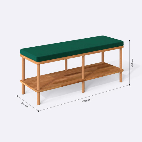 Waljan Bench 120 x 38 ölçülendirilmiş teknik görünümü, zümrüt kadife döşeme, milimetre cinsinden ölçü okları