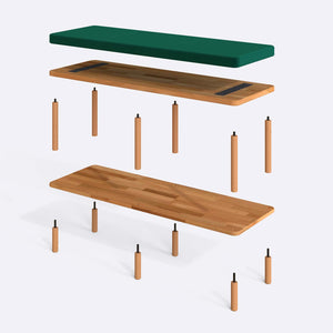 Waljan Bench 120 x 38 parçalarına ayrılmış montaj görünümü, zümrüt kadife döşemeli oturum, masif kayın ayaklar ve vidalar