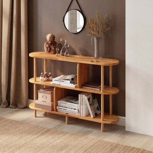 Bely 3 Raflı Kitaplık 120 x 28 cm, %100 masif kayın, doğal ahşap dokusu, ev ortamında kullanım görünümü