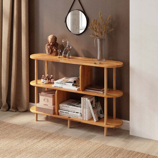 Bely 3 Raflı Kitaplık 120 x 28 cm, %100 masif kayın, doğal ahşap dokusu, ev ortamında kullanım görünümü
