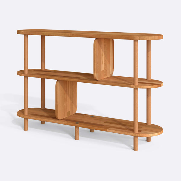 Bely 3 Raflı Kitaplık 120 x 28 cm, %100 masif kayın, doğal ahşap dokusu, beyaz zeminde üç çeyrek açıdan stüdyo çekimi