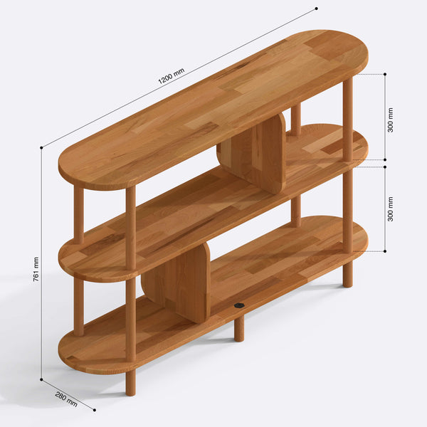 Bely 3 Raflı Kitaplık 120 x 28 cm ölçülendirilmiş teknik görünümü, milimetre cinsinden genişlik, derinlik ve yükseklik