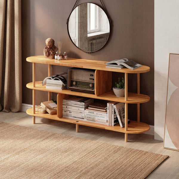 Bely 3 Raflı Kitaplık 160 x 38 cm, %100 masif kayın, doğal ahşap dokusu, ev ortamında kullanım görünümü