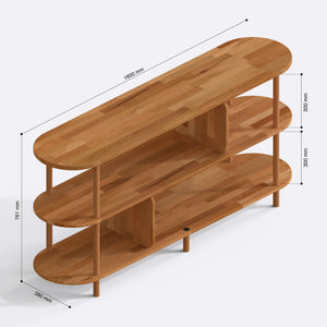 Bely 3 Raflı Kitaplık 160 x 38 cm ölçülendirilmiş teknik görünümü, milimetre cinsinden genişlik, derinlik ve yükseklik