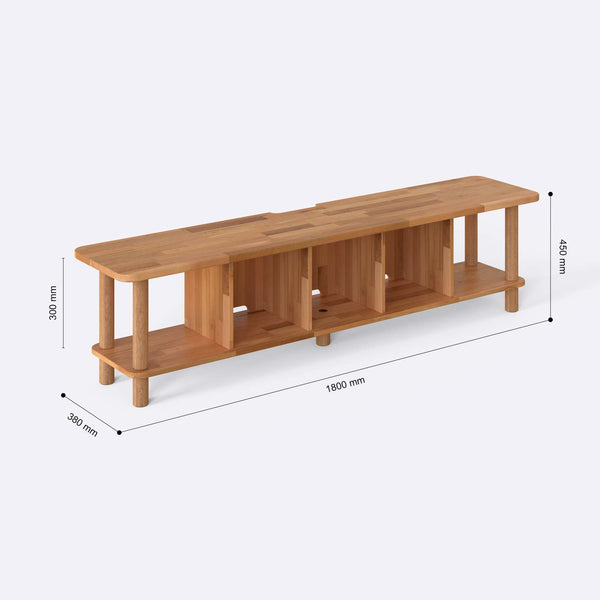Vall TV Ünitesi 180 x 38 cm ölçülendirilmiş teknik görünümü, milimetre cinsinden genişlik, derinlik ve yükseklik