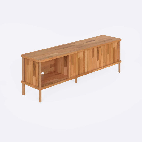 Shava TV Ünitesi 160 x 38 cm, %100 masif kayın, doğal ahşap dokusu, beyaz zeminde önden stüdyo çekimi