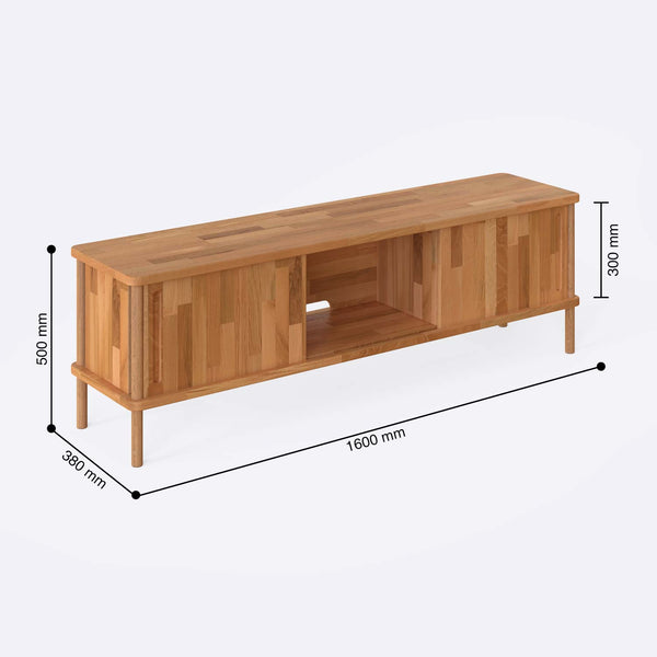 Shava TV Ünitesi 160 x 38 cm ölçülendirilmiş teknik görünümü, milimetre cinsinden genişlik, derinlik ve yükseklik