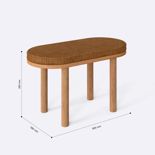 Shiv Bench 80 x 38 cm ölçülendirilmiş teknik görünümü, badem keten döşeme, milimetre cinsinden ölçüler