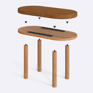 Shiv Bench 80 x 38 cm parçalarına ayrılmış montaj görünümü, badem keten oturum ve masif kayın ayaklar ile bağlantı vidaları