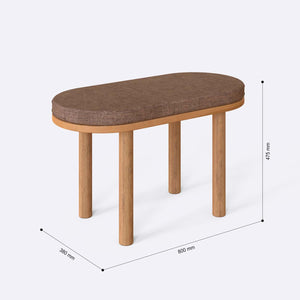 Shiv Bench 80 x 38 cm ölçülendirilmiş teknik görünümü, kahve keten döşeme, milimetre cinsinden ölçüler