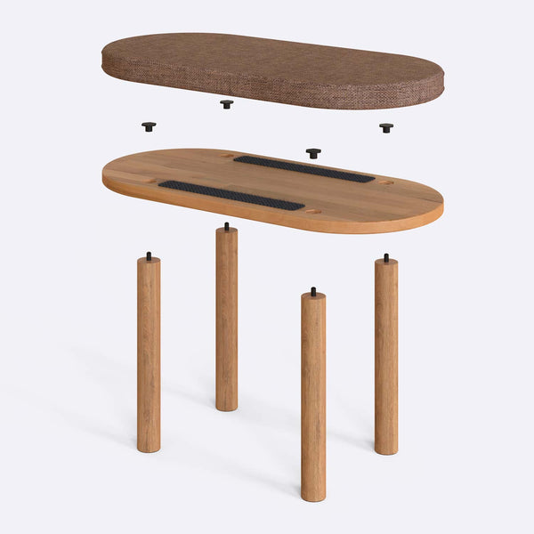 Shiv Bench 80 x 38 cm parçalarına ayrılmış montaj görünümü, kahve keten oturum ve masif kayın ayaklar ile bağlantı vidaları